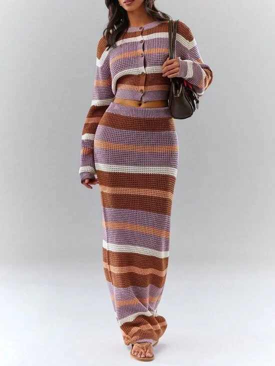 Casual Women's Striped Long Sleeve Knit Cardigan And Knit Skirt Set - Picture 4 of 7